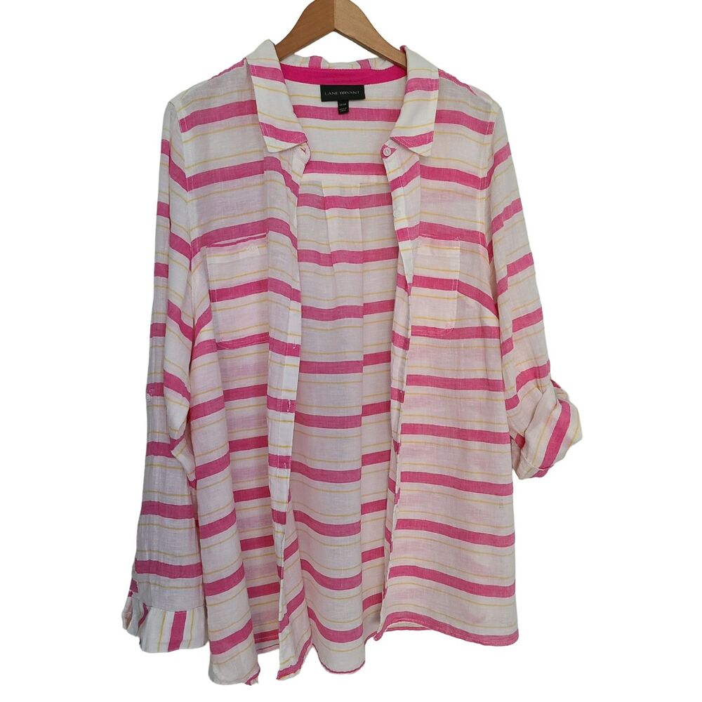 Lane Bryant Plus 22/24 Linen Cotton Button Up Roll Tab Blouse Pink Stripes EUC
